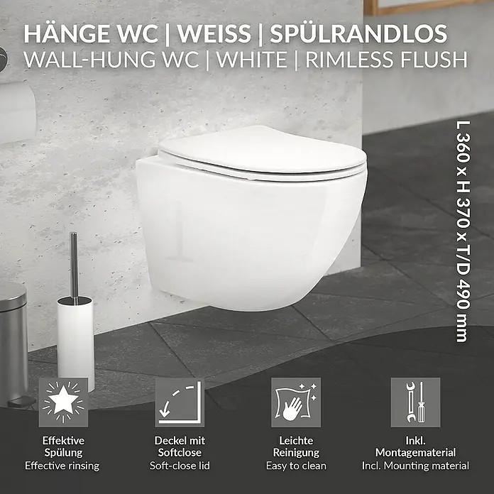 LuxeBath Wand-WC - Spülrandlos, Spülform: Tief, WC Abgang: Waagerecht, Weiß - Abbildung einer weißen, wandhängenden, spülrandlosen Toilette mit Softclose-Deckel und Montagezubehör.