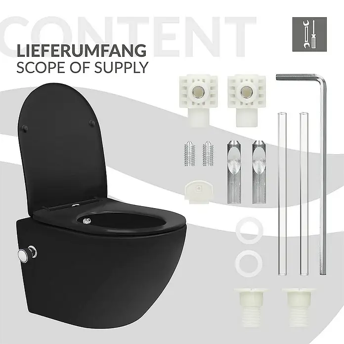 LuxeBath Wand-WC kurz Schwarz mit Bidet-Funktion & Nano Beschichtung - Schwarz - Bild eines hängenden schwarzen WCs mit Zubehör, das im Lieferumfang enthalten ist.