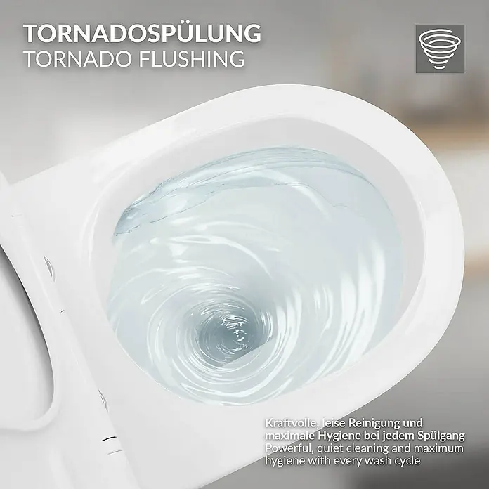 LuxeBath Wand-WC kurz 49cm Weiß Nano Beschichtung Tornadospülung - Weiß - Bild eines spülenden WCs mit Tornado-Spülung für kraftvolle, leise Reinigung und maximale Hygiene bei jedem Spülgang.