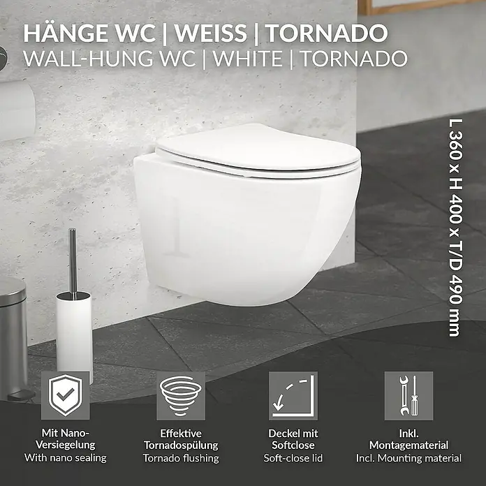 LuxeBath Wand-WC kurz 49cm Weiß Nano Beschichtung Tornadospülung - Weiß - Abbildung einer Hänge-Toilette in Weiß mit Tornado-Spülung, Nano-Versiegelung und Softclose-Deckel, inklusive Montagematerial.