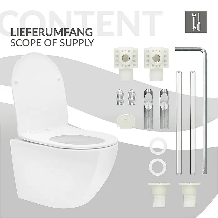 LuxeBath Wand-WC kurz 49cm Weiß Nano Beschichtung Tornadospülung - Weiß - Bild eines wandhängenden WCs mit Zubehör und dem Text "Lieferumfang/Scope of Supply".
