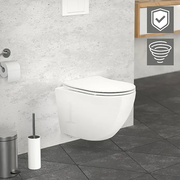 LuxeBath Wand-WC kurz 49cm Weiß Nano Beschichtung Tornadospülung - Weiß - Nahaufnahme einer modernen, wandhängenden Toilette in Weiß, mit minimalistischem Design für ein stilvolles Badezimmer.