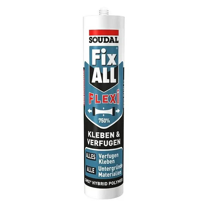 Soudal Montagekleber 1K Fugen- und Klebdichtstoff - 470 g, Kartusche - Abbildung einer Kartusche Soudal Fix ALL Flexi, ein Kleb- und Dichtstoff auf Hybridpolymerbasis für vielseitige Anwendungen im Bau- und Heimwerkerbereich.