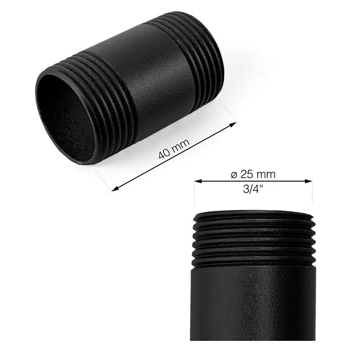 Walteco Rusticline Rohr Tube - Länge: 40 mm, Stahl, Schwarz - Produktbild eines schwarzen 3/4" Gewindenippels mit den Maßen Ø 25 mm und 40 mm Länge.
