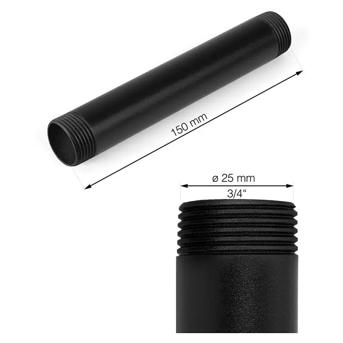 Walteco Rusticline Rohr Tube - Länge: 150 mm, Stahl, Schwarz - Schwarze Rohre mit Gewinde, Länge 150 mm, Durchmesser 25 mm. Ideal für Sanitärinstallationen und DIY-Projekte.