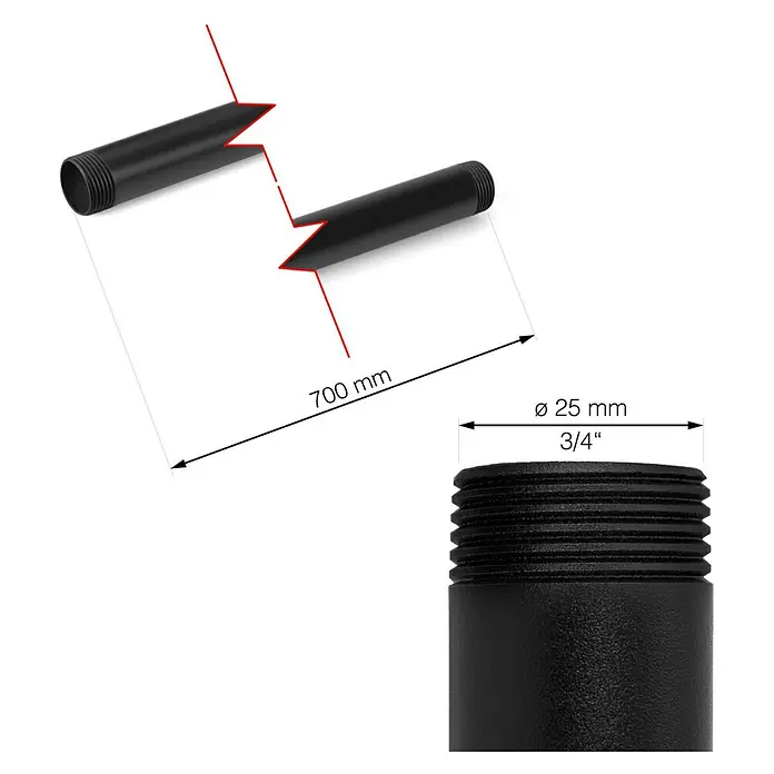 Walteco Rusticline Rohr Tube - Länge: 700 mm, Stahl, Schwarz - Abbildung einer schwarzen Gewinderohrverlängerung mit den Maßen 700 mm Länge und 25 mm Durchmesser.