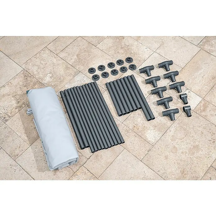 Bestway Lay-Z-Spa Eisbad Glacial Dip - 253 l, Ø x H: 90 x 80 cm - Ein vollständiges Set von Baldachin-Ersatzteilen auf einer gefliesten Oberfläche. Es umfasst Stangen, Verbinder und eine Baldachinabdeckung.