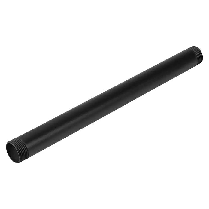 Walteco Rusticline Rohr Tube - Länge: 300 mm, Stahl, Schwarz - Nahaufnahme eines schwarzen Rohrs mit Gewindeenden, das auf einem Hintergrund mit grauem Farbverlauf liegt.