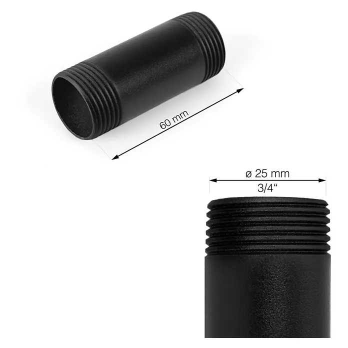 Walteco Rusticline Rohr Tube - Länge: 60 mm, Stahl, Schwarz - Produktabbildung eines schwarzen 3/4" Rohrnippels mit den Maßen 60mm Länge und 25mm Durchmesser für verschiedene Anwendungen.
