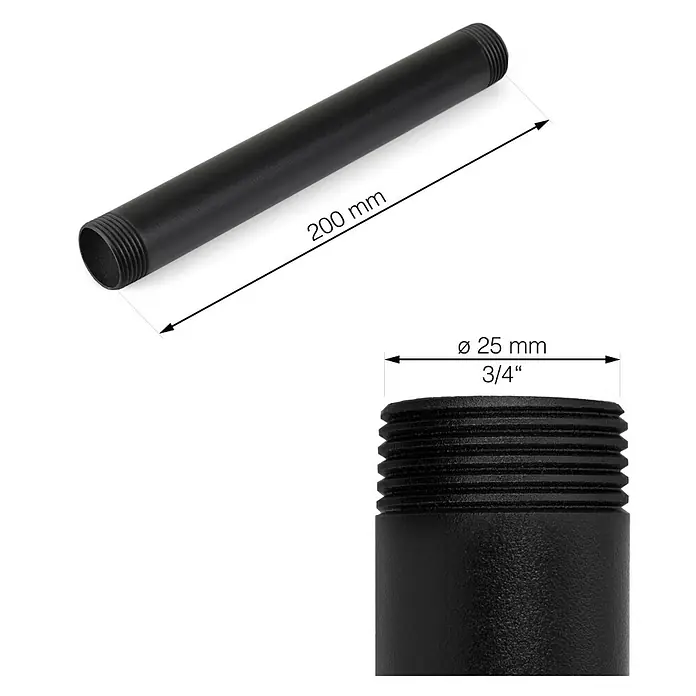 Walteco Rusticline Rohr Tube - Länge: 200 mm, Stahl, Schwarz - Schwarze Rohrmuffe mit Gewindeenden.