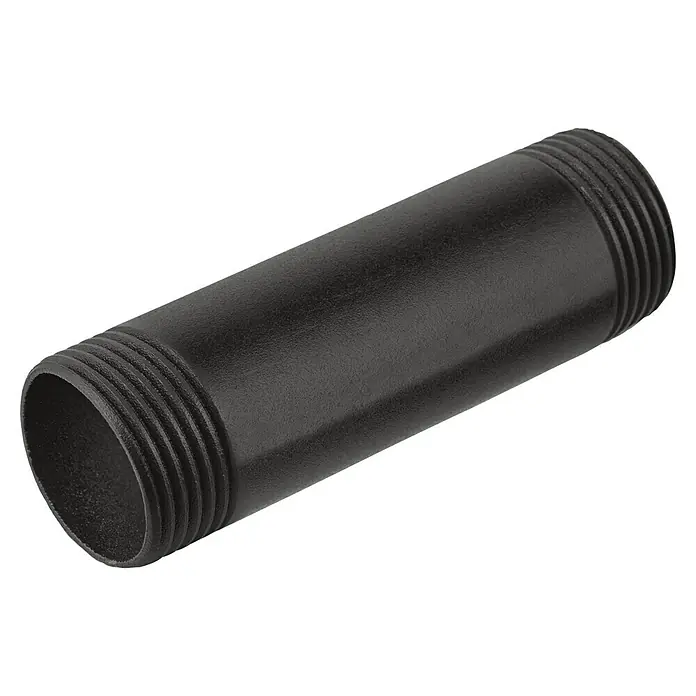 Walteco Rusticline Rohr Tube - Länge: 80 mm, Stahl, Schwarz - Nahaufnahme eines schwarzen, verzinkten Rohrnippels mit Gewindeenden. Ideal für Sanitär- und Heizungsinstallationen.