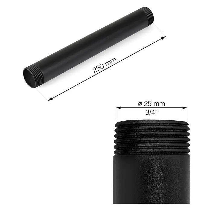 Walteco Rusticline Rohr Tube - Länge: 250 mm, Stahl, Schwarz - Produktbild einer schwarzen Gewinderohrverlängerung, 250 mm lang, 25 mm Durchmesser. Ideal für Lampen und Möbelbau.