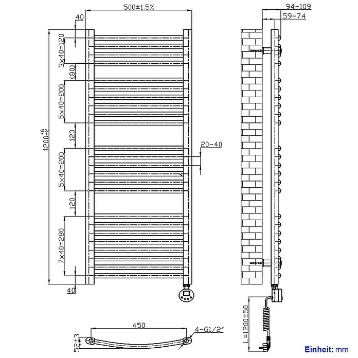 Emke Elektro-Badheizkörper Kurvenförmig Handtuchwärmer - B x H: 50 x 120 cm - Technische Zeichnung eines beheizten Handtuchhalters mit Abmessungen für die Wandmontage.