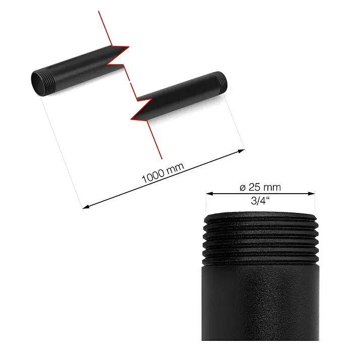 Walteco Rusticline Rohr Tube - Länge: 1.000 mm, Stahl, Schwarz - Produktdarstellung: Eine schwarze Gewinderohrverlängerung mit den Maßen 1000 mm Länge und 25 mm Durchmesser wird abgebildet.
