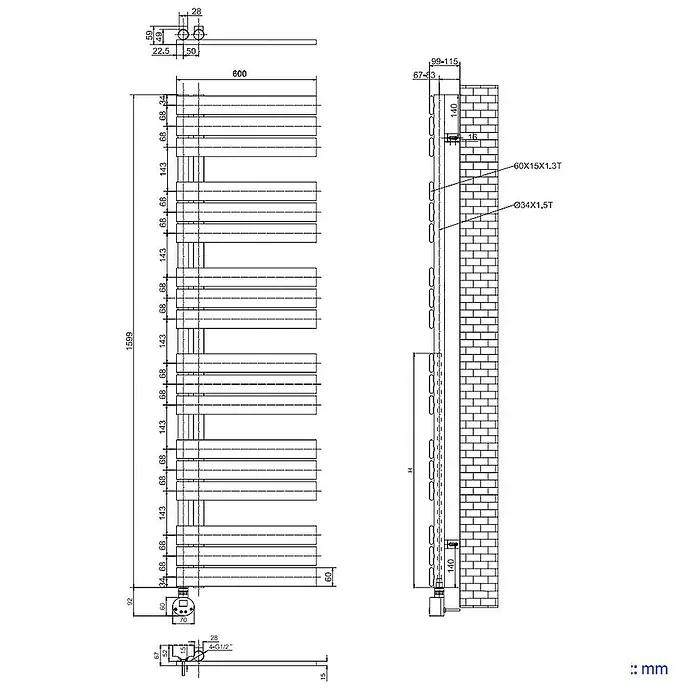 Emke Elektro-Badheizkörper Flachrohr Handtuchwärmer Calida - B x H: 60 x 160 cm - Technische Zeichnung eines Heizkörpers mit Bemaßungen für Installation und Design, inklusive Wandabstand.