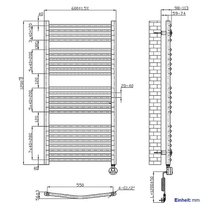 Emke Elektro-Badheizkörper Kurvenförmig Handtuchwärmer - B x H: 60 x 120 cm - Technische Zeichnung eines beheizten Handtuchhalters mit Abmessungen und Details zur Installation.