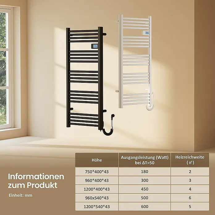 Emke Elektro-Badheizkörper Smart Steuerung Caldo - B x H: 40 x 96 cm - Das Bild zeigt eine Heizung mit Handtuchhalter in Schwarz und Weiß mit einer Tabelle der technischen Daten.