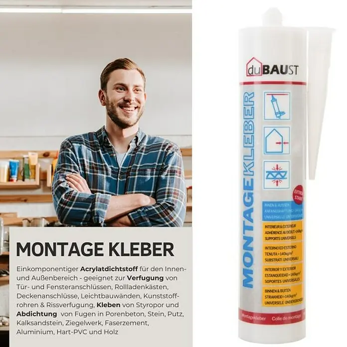 DuBaust Montagekleber Montagekleber - 445 g, Kartusche - Produktabbildung des du BAUST Montageklebers, ein Einkomponenten-Acrylatdichtstoff für den Innen- und Außenbereich, ideal für verschiedene Anwendungen.