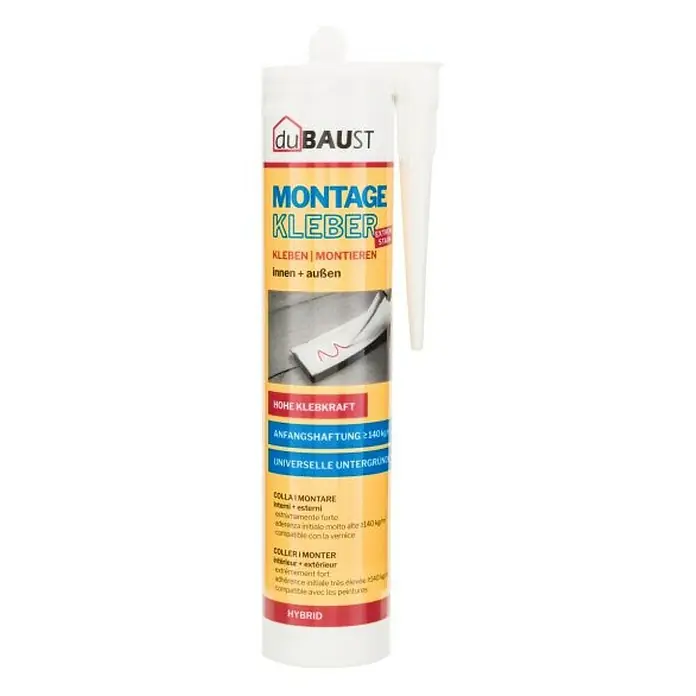 DuBaust Montagekleber Montagekleber - 445 g, Kartusche - Ein Tube Montagekleber von du BAUST, ideal für Innen- und Außenbereiche, mit hoher Klebkraft und universeller Anwendbarkeit auf verschiedenen Untergründen.