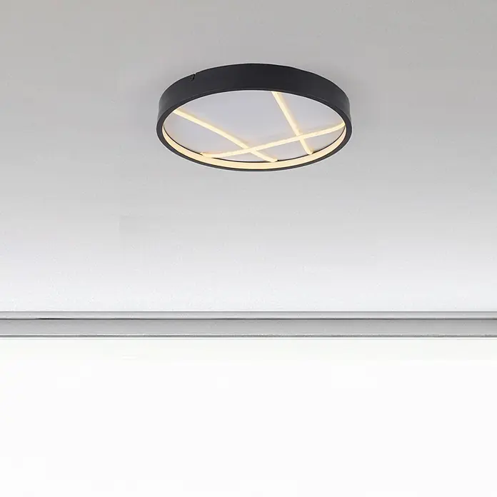 Just Light LED-Deckenleuchte rund Mikado - 33 W, Ø x H: 40 x 4,5 cm, Schwarz - Moderne Deckenleuchte mit schwarzem Rand und kreuzförmigem Lichtdesign, die ein warmes Licht abgibt. Elegant und funktional.