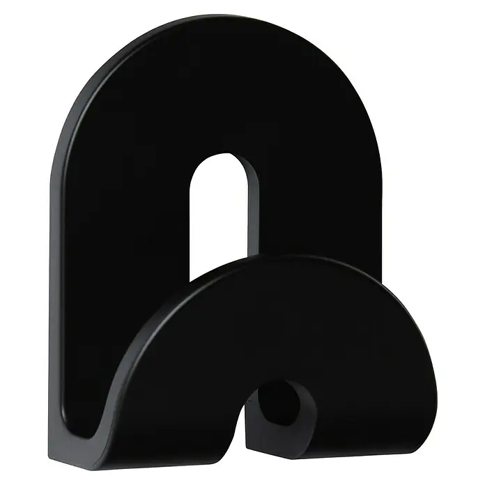 Inofix Colgador adhesivo Calma - Plástico, Negro, 1 ud. - Primer plano de un elegante soporte de pared negro mate con formas redondeadas y recortes, que ofrece una estética minimalista.