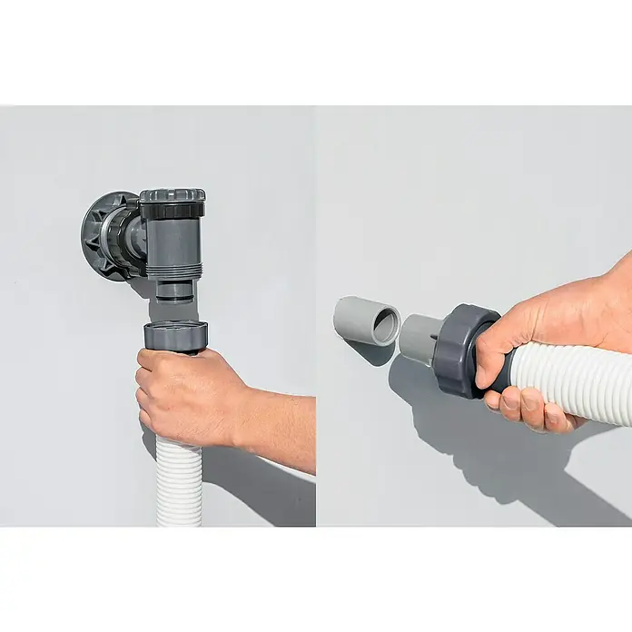 Bestway Filterpumpe - Ø x H: 27,2 x 42,1 cm, Filterleistung: 5.678 l/h - Detailaufnahme eines Poolanschlusses mit Schlauch, der an eine Wandarmatur befestigt wird, Montage oder Reparatur im Fokus.