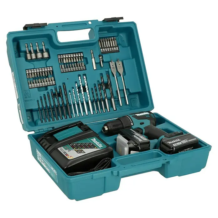 Makita LXT 18V Akku-Schlagbohrschrauber DHP490RFX3 - 18 V, 2 Akkus - Makita Akku-Bohrschrauber-Set in geöffnetem, blauem Koffer mit Akkus, Ladegerät und Zubehör.\n
