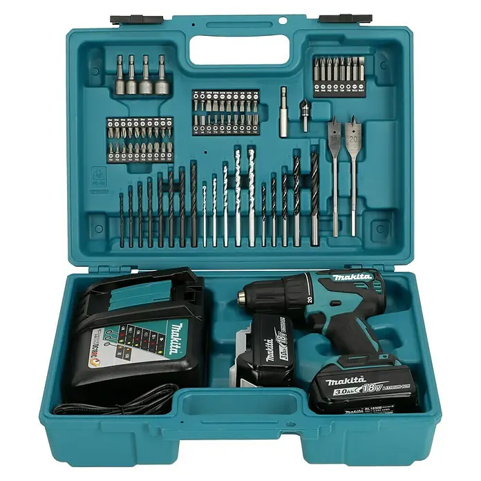 Makita LXT 18V Taladro atornillador percutor de batería DHP490RFX3 - 18 V, 2 baterías - Kit de taladro atornillador inalámbrico Makita con brocas, cargador y dos baterías en un estuche turquesa.