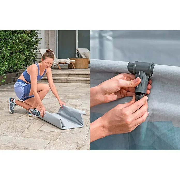 Bestway Lay-Z-Spa Eisbad Glacial Dip - L x B x H: 152 x 92 x 71 cm - Aufbau eines tragbaren Bades. Eine Frau montiert eine mobile Duschkabine im Freien. Praktische Lösung für unterwegs.