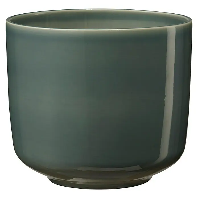 Soendgen Keramik Bari Übertopf rund - Außenmaß (Ø x H): 16 x 14 cm, Graugrün, Keramik - Die Nahaufnahme zeigt einen eleganten, glänzenden, petrolfarbenen Übertopf mit einer sanft abgerundeten Form.