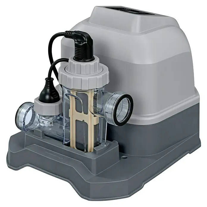 Bestway Salzwassersystem Hydrogenic - Passend für: Filtersysteme ab 1.249 l/h Leistung, Benötigte Start-Salzmenge: 3 g/l - Abbildung eines Intex Chlorinator, ein Pool-Salzwassersystem, das für sauberes und sicheres Poolwasser sorgt.