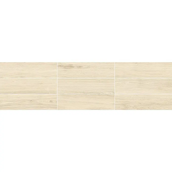 Steingutfliese Legno Natural Avorio - 60 x 15 cm, Beige, Matt - Helles Holzfliesenmuster, ideal für moderne und minimalistische Innenräume. Die feine Maserung sorgt für eine warme und natürliche Atmosphäre.