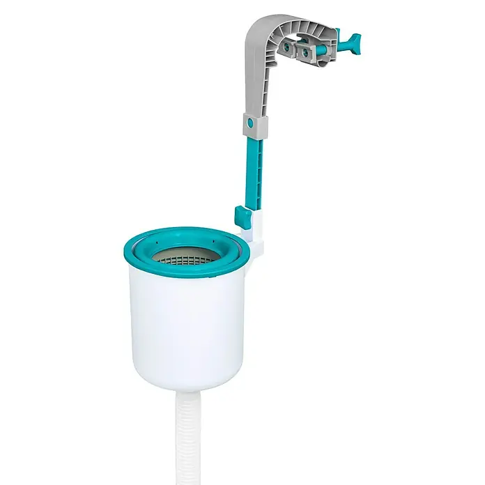 Bestway Reinigungs-Set AquaClean™ Deluxe - 4 -tlg. - Produktansicht eines Poolfiltersystems mit weißem Filterbehälter und blaugrauer Halterung. Für sauberes Poolwasser.