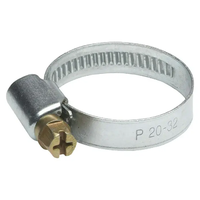 Abrazadera sin fin - 20 mm - 32 mm, Acero inoxidable, 2 ud. - Detalle de una abrazadera metálica con cierre de tornillo, ideal para la fijación segura de mangueras y tubos en diversas aplicaciones.