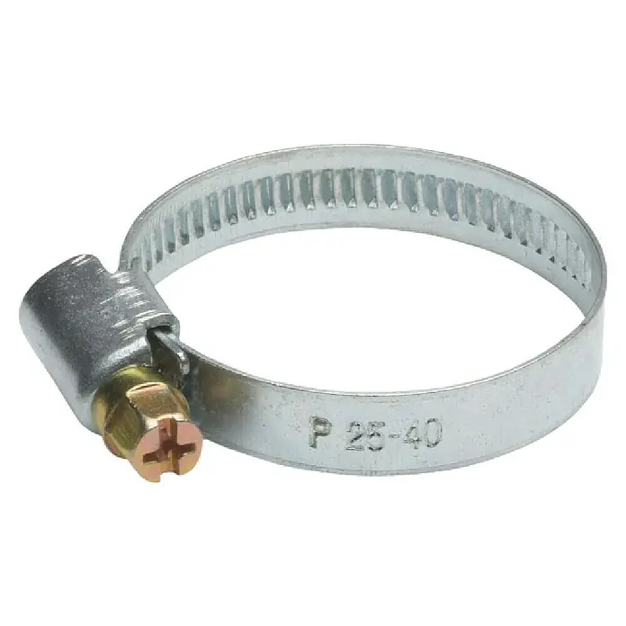 Abrazadera sin fin - 25 mm - 40 mm, Acero inoxidable, 2 ud. - Un primer plano de una abrazadera de manguera de metal con tornillo para apretar. Ideal para asegurar mangueras y tubos.