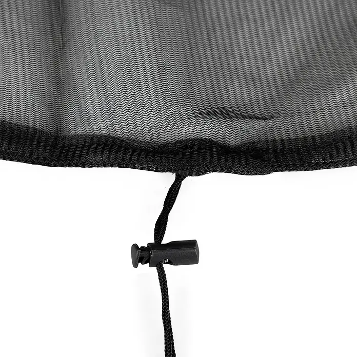 Windhager Laubschutznetz - Schwarz, Durchmesser: 95 cm - Detailansicht eines schwarzen Netzes mit Kordelzug und Stopper. Das Netz ist feinmaschig und der Stopper ist aus Kunststoff.
