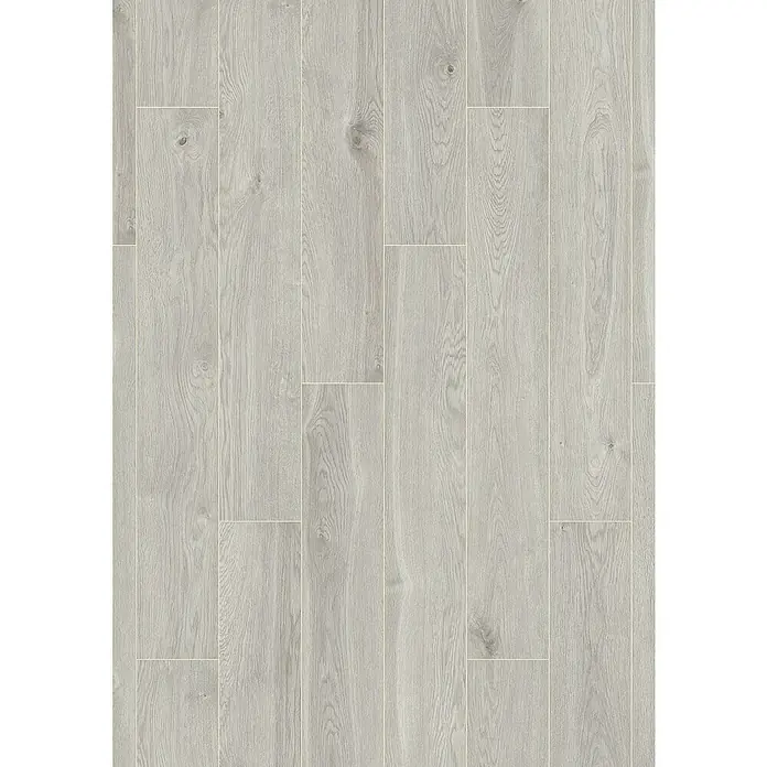 LOGOCLIC Family Laminatmuster Metz - 300 x 195 x 7 mm, Landhausdiele - Helles Laminatboden-Design mit Holzstruktur. Das Laminat hat eine graue Farbe und eine authentische Holzmaserung für ein natürliches Aussehen.