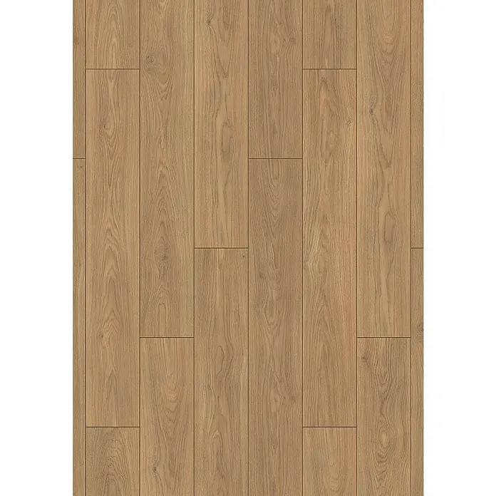 LOGOCLIC Silentos Laminat - Eiche Almina, Landhausdiele, 1.288 x 195 x 9 mm - Das Bild zeigt ein Laminatbodenmuster mit hellbraunen Holzdielen, die eine natürliche Holzmaserung aufweisen. Der Laminatboden wirkt robust und pflegeleicht.