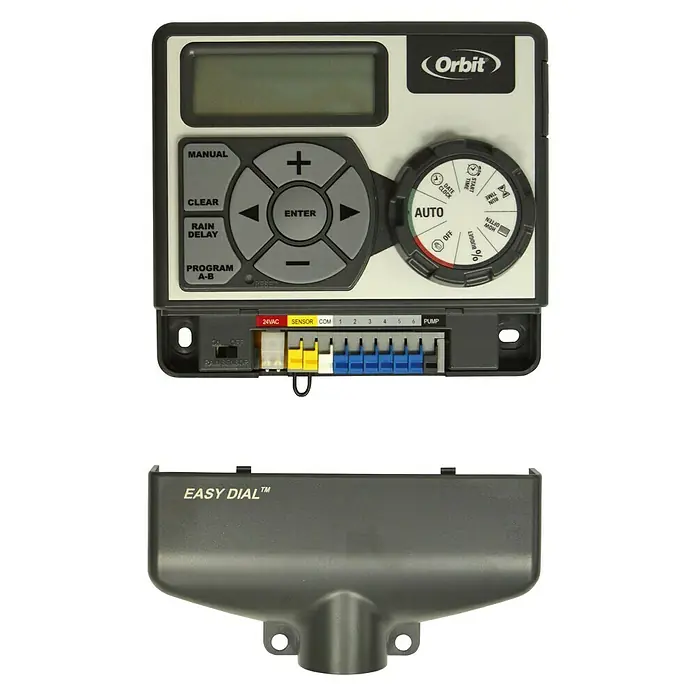 Programador de riego Digital - Específico para: 6 zonas de riego - Controlador de riego Orbit Easy Dial para un riego preciso del jardín, manejo fácil de usar con configuraciones personalizables.