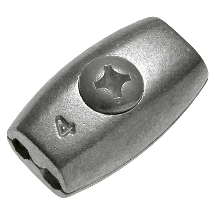 Conacord Sujetacables de alambre - Para diámetro de cable: 4 mm, Material: Acero - Primer plano de una abrazadera de cable metálica con tornillo, ideal para conexiones de cable seguras y aplicaciones exteriores.