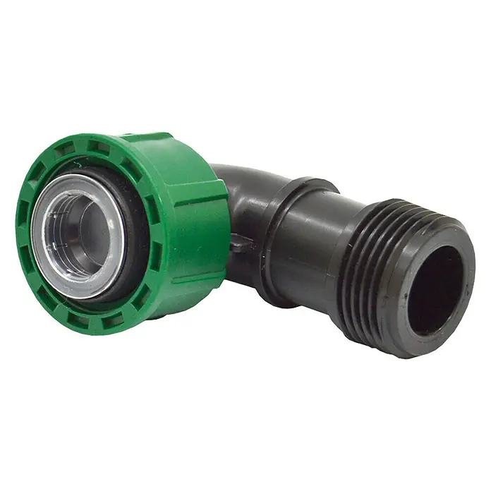 Codo Electroválvula Macho Hembra - Plástico - Un codo negro con un conector verde que garantiza conexiones de manguera seguras y fiables para sistemas de riego de jardín.