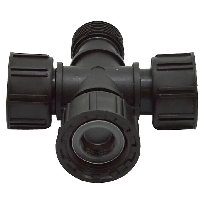 Cruceta electroválvula - 1 ud., 1″ - Conexión en T negra para tuberías, ideal para fontanería e irrigación. Construcción robusta para conexiones fiables.