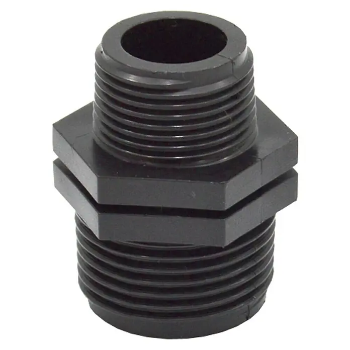 Machón reductor M-M - ¾'' × ½'' - Racord de mamparo de tanque de PVC negro con roscas macho para conexiones seguras.