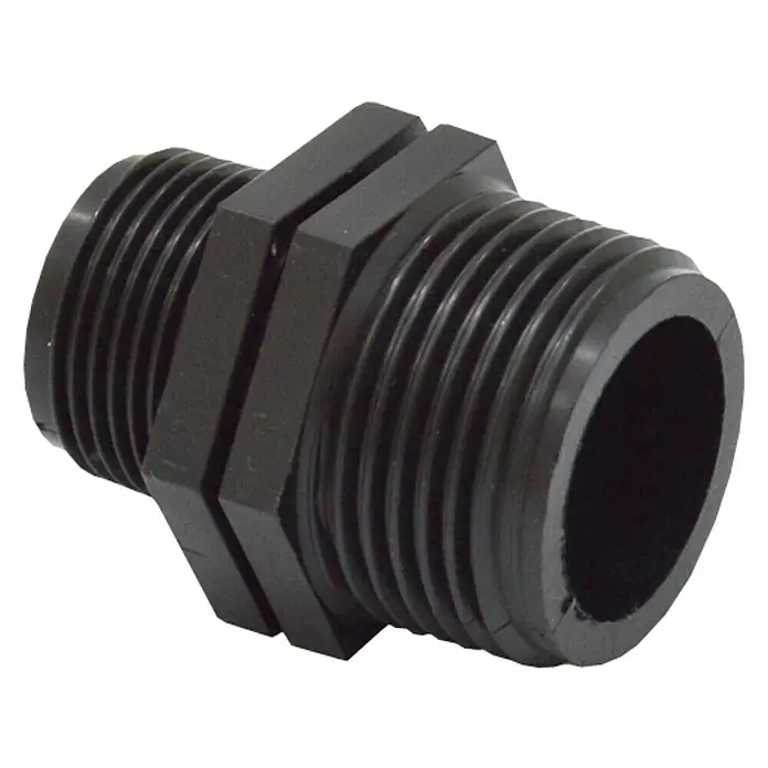 Machón reductor M-M - ¾'' × ½'' - Conector de tanque de PVC negro con rosca, ideal para diversas aplicaciones sanitarias.