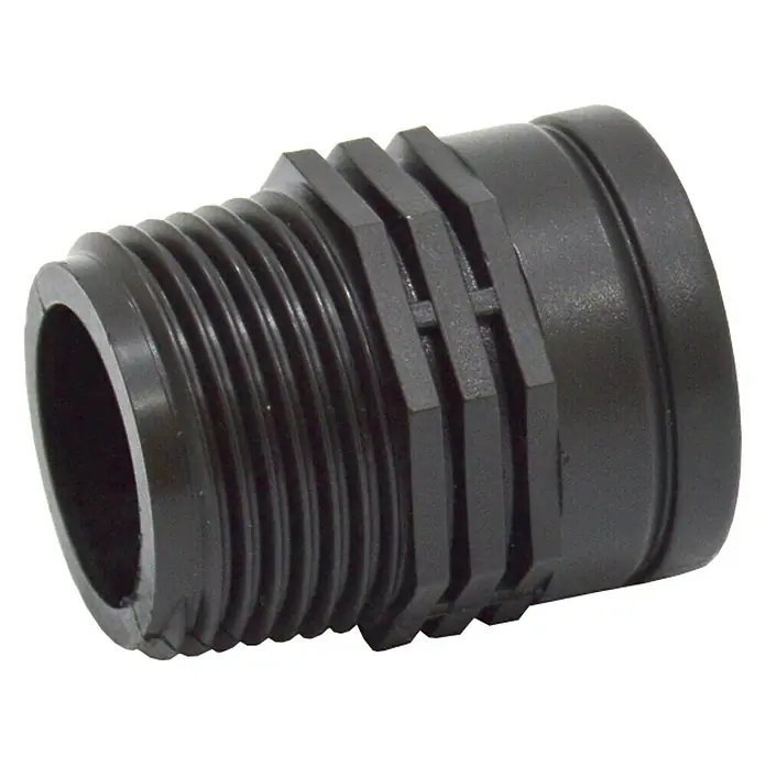 Manguito de reducción corto H-M - Dimensión conexión: 1″ - Primer plano de un adaptador de prensaestopas negro de plástico, con un extremo roscado y una sección central acanalada para aplicaciones versátiles.