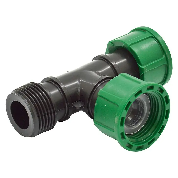 Codo Electroválvula Macho Hembra - 1″ - Conector en T para mangueras de jardín con conexiones de rosca verdes y una pieza en T negra. Ideal para riego de jardines.