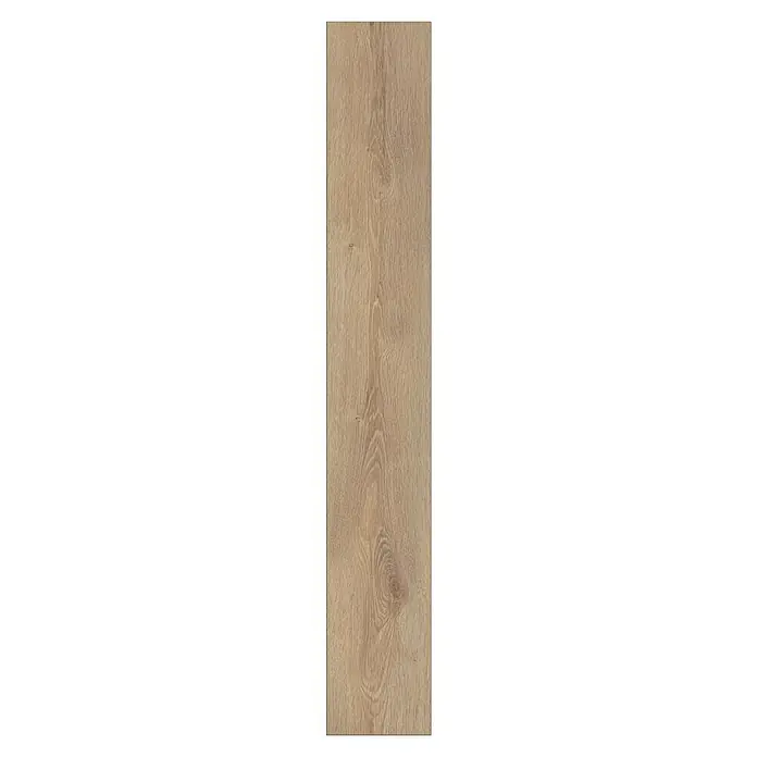 LOGOCLIC Family Laminatmuster Bilbao - 300 x 195 x 7 mm, Landhausdiele - Nahaufnahme einer einzelnen hellbraunen Holzdiele mit Maserung. Ideal für Bodenbeläge und Innendesign.