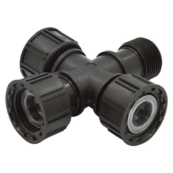 Cruceta electroválvula - 1 ud., 1″ - Conexión cruzada de plástico negro para tuberías. Opciones de conexión versátiles para sistemas de riego y fontanería.