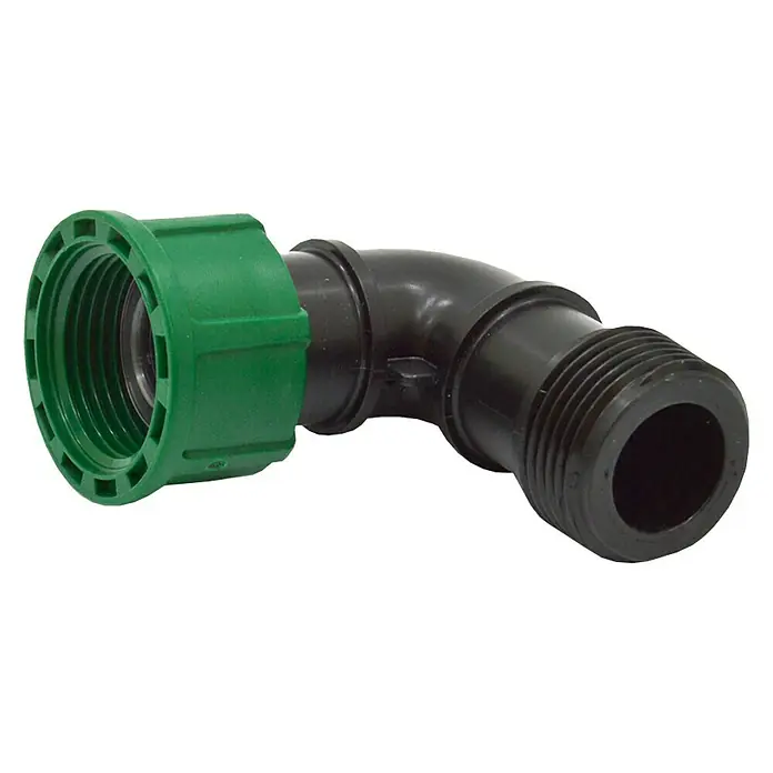 Codo Electroválvula Macho Hembra - Plástico - Un codo de riego negro con un conector verde para sistemas eficientes de riego y jardinería.