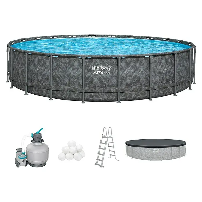 Bestway Frame-Pool Set APX365 - Ø x H: 671 x 132 cm, Dunkler Marmor, 40.377 l - Bestway APX365 Frame Pool Set mit Poolleiter, Filterpumpe und Abdeckung für den Garten. Ideal für Sommerliche Erfrischung.